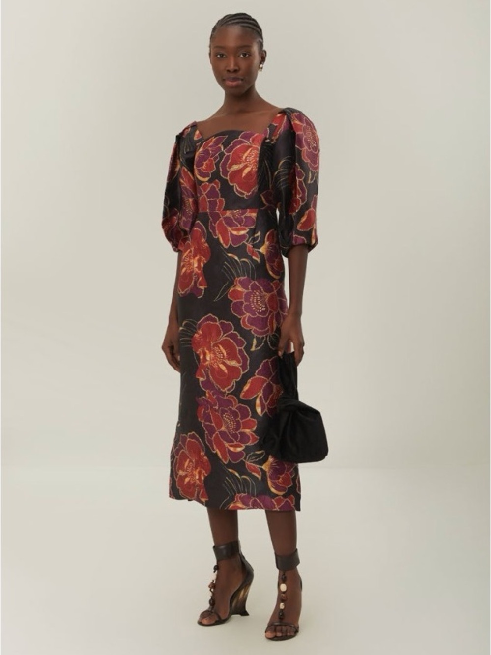 Farm Rio: Shiny Chita Black Short Sleeve MIDI Dress